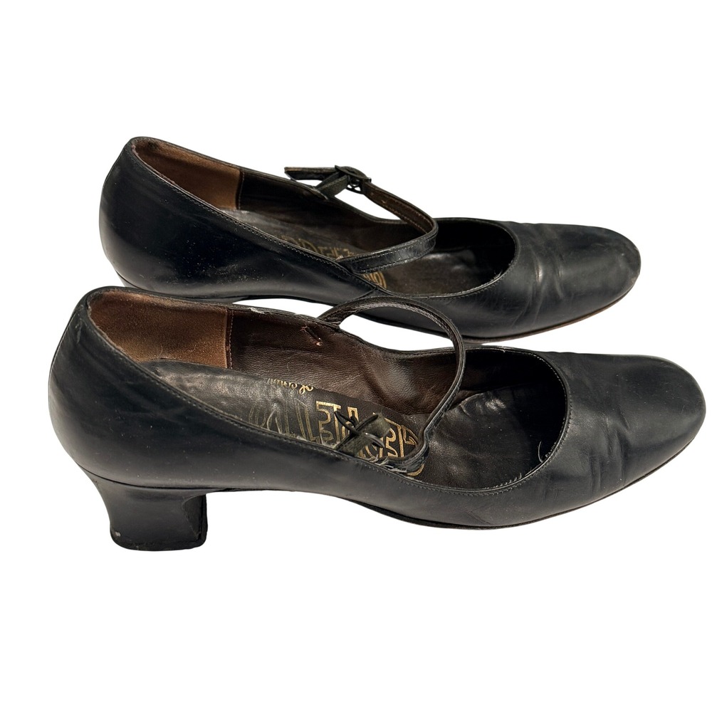 Geppetto‎ Womens Mary Jane Pump Vintage Block Heel Black Leather Shoe